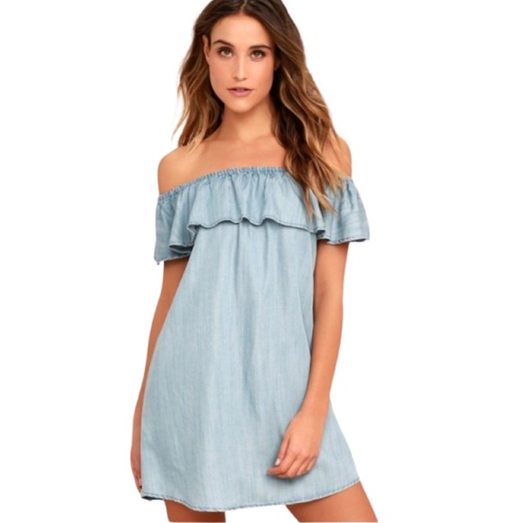 Lulus Standout Style Light Blue Chambray Off The Shoulder Dress - Picture 2 of 6